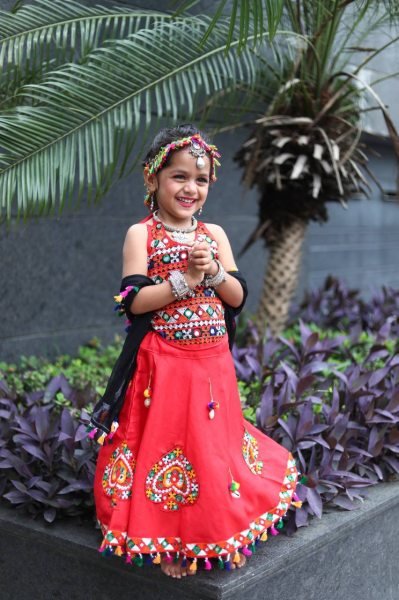Red Premium Roman Silk Kids Navratri Outfit Lehenga Choli with Dupatta Girls Wear