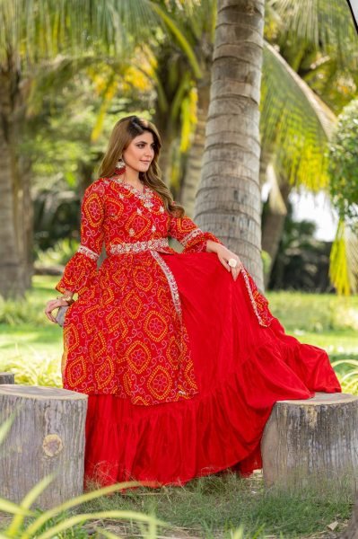 Red Pure Bandhrej Heavy Embroidery With Thread Work Choli   Attached Shrug Wedding Wear Outfit Anarkali Kurtis 
