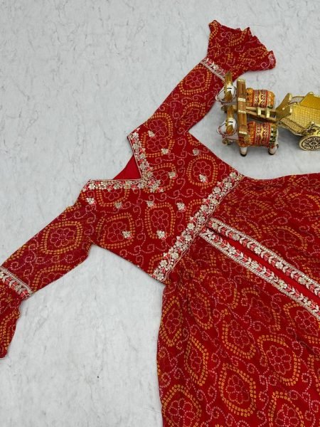 Red Pure Bandhrej Heavy Embroidery With Thread Work Choli   Attached Shrug Wedding Wear Outfit Anarkali Kurtis 