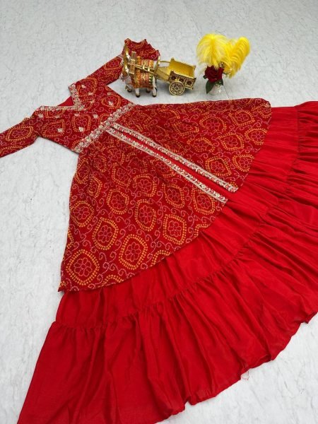 Red Pure Bandhrej Heavy Embroidery With Thread Work Choli   Attached Shrug Wedding Wear Outfit Anarkali Kurtis 
