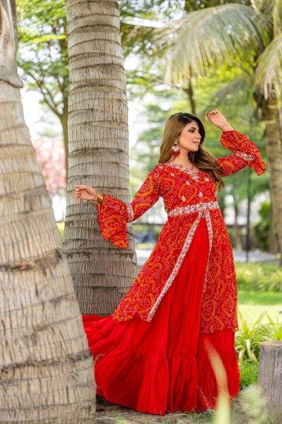 Red Pure Bandhrej Heavy Embroidery With Thread Work Choli   Attached Shrug Wedding Wear Outfit Anarkali Kurtis 