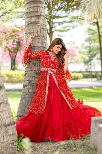 Red Pure Bandhrej Heavy Embroidery With Thread Work Choli   Attached Shrug Wedding Wear Outfit Anarkali Kurtis 