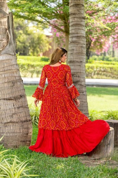 Red Pure Bandhrej Heavy Embroidery With Thread Work Choli   Attached Shrug Wedding Wear Outfit Anarkali Kurtis 
