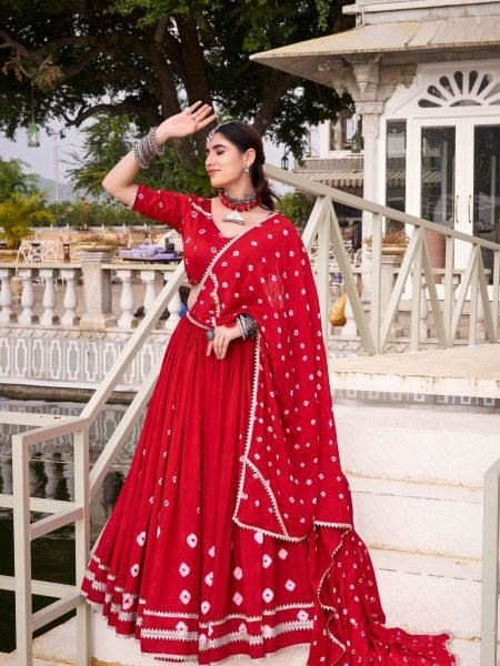 Red Pure Chanderi Bandhej Print Lehenga Set with Blouse and Dupatta with Lace Detailing  Lehenga