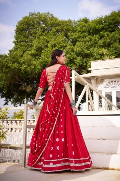 Red Pure Chanderi Bandhej Print Lehenga Set with Blouse and Dupatta with Lace Detailing Designer Lehenga Choli