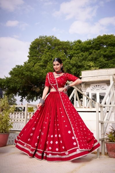 Red Pure Chanderi Bandhej Print Lehenga Set with Blouse and Dupatta with Lace Detailing Designer Lehenga Choli