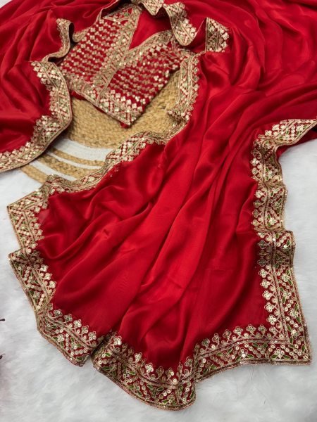 Red Rangoli Silk Saree with Sparkling Sequins Work and Matching Blouse Ideal for Evening Functions Embroidery Sarees Wholesale