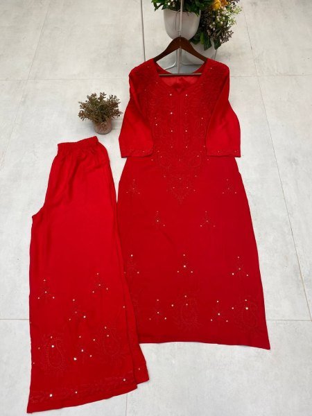 Red Rayon Top and Palazzo with Heavy Embroidery Perfect Choice for Guests Embroidery Kurtis 