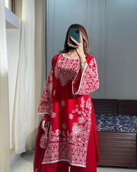 Red Roman Silk Heavy EmbroiderY Suit with Palazzo AND Dupatta Karwa Chauth Special 2025 Ready To Wear Collection