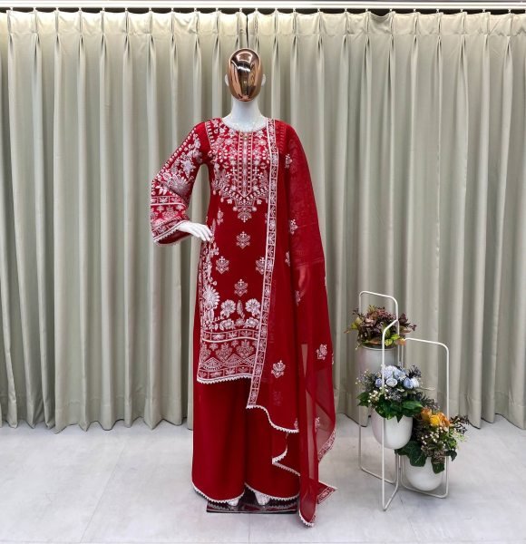 Red Roman Silk Heavy EmbroiderY Suit with Palazzo AND Dupatta Karwa Chauth Special 2025 Ready To Wear Collection