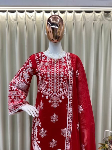 Red Roman Silk Heavy EmbroiderY Suit with Palazzo AND Dupatta Karwa Chauth Special 2025 Ready To Wear Collection