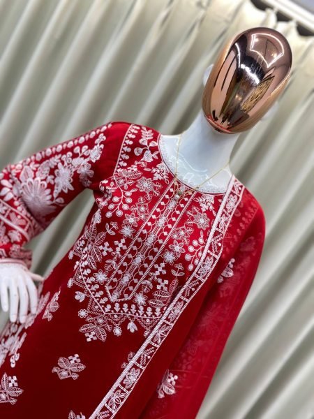 Red Roman Silk Heavy EmbroiderY Suit with Palazzo AND Dupatta Karwa Chauth Special 2025 Ready To Wear Collection