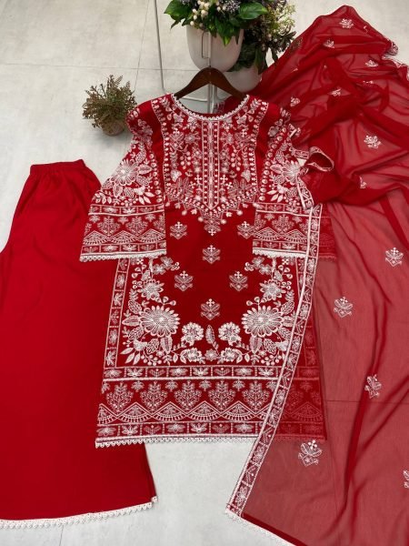 Red Roman Silk Heavy EmbroiderY Suit with Palazzo AND Dupatta Karwa Chauth Special 2025 Ready To Wear Collection