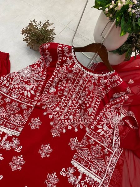 Red Roman Silk Heavy EmbroiderY Suit with Palazzo AND Dupatta Karwa Chauth Special 2025 Ready To Wear Collection