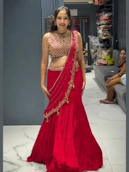 Red Ruffle Georgette Lehenga Saree Perfect for Outdoor Parties &  Weddings Sarees 