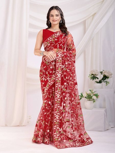 Red Soft Net Saree with Designer Chikankari Work Perfect for Festive Occasions Sarees 