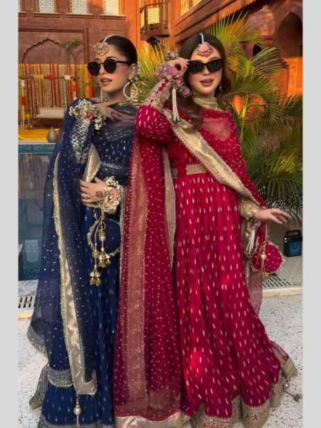 Red Stylish Chinon Embroidered Gown For Wedding And Engagement Look Ready To Wear Suit