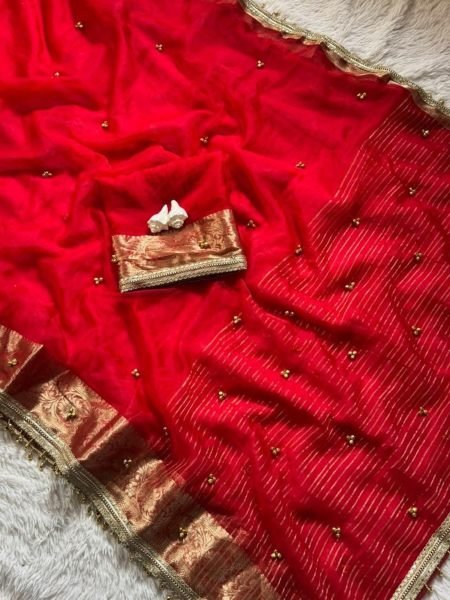 Red Tissue Silk Saree with Ghungroo Work and Latkan For Karva Choth Special 