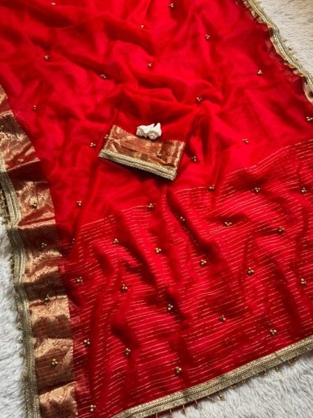 Red Tissue Silk Saree with Ghungroo Work and Latkan For Karva Choth Special Silk Sarees Wholesale