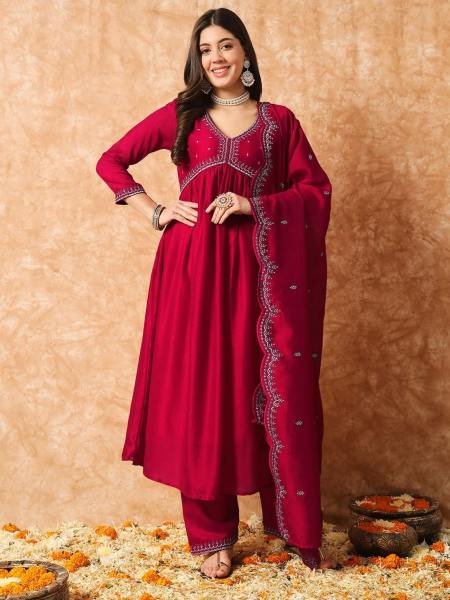 Red Vichitra Silk Embroidered A-Line Kurta Set with Chinon Dupatta For Woman Online  Kurtis