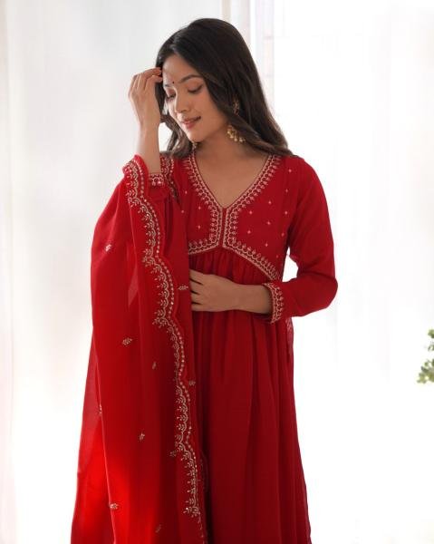 Red Vichitra Silk Embroidered A-Line Kurta Set with Chinon Dupatta For Woman Online  Anarkali Kurtis 