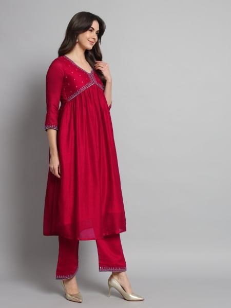 Red Vichitra Silk Embroidered A-Line Kurta Set with Chinon Dupatta For Woman Online  Anarkali Kurtis 