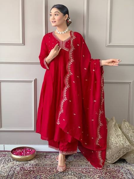 Red Vichitra Silk Embroidered A-Line Kurta Set with Chinon Dupatta For Woman Online  Anarkali Kurtis 