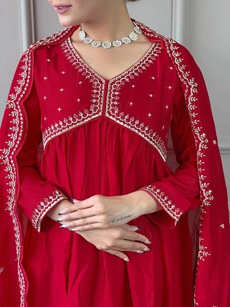 Red Vichitra Silk Embroidered A-Line Kurta Set with Chinon Dupatta For Woman Online  Anarkali Kurtis 