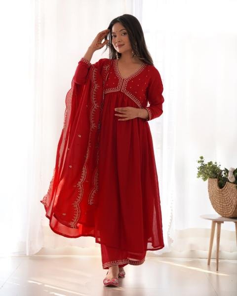 Red Vichitra Silk Embroidered A-Line Kurta Set with Chinon Dupatta For Woman Online  Anarkali Kurtis 