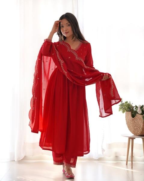 Red Vichitra Silk Embroidered A-Line Kurta Set with Chinon Dupatta For Woman Online  Anarkali Kurtis 