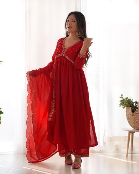 Red Vichitra Silk Embroidered A-Line Kurta Set with Chinon Dupatta For Woman Online  Anarkali Kurtis 