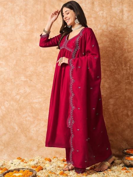 Red Vichitra Silk Embroidered A-Line Kurta Set with Chinon Dupatta For Woman Online  Anarkali Kurtis 