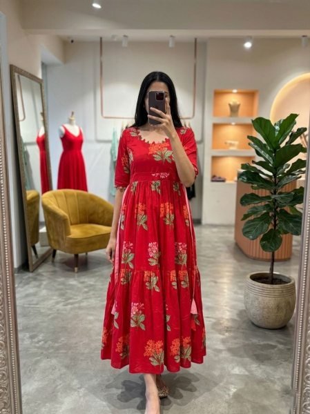 Red Women's Everyday Wear Cotton Long Pocket Dress  Western Ladies Top Wholesale