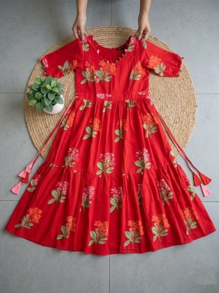 Red Women's Everyday Wear Cotton Long Pocket Dress  Western Ladies Top Wholesale