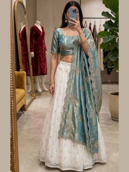 Refined Aqua Blue Designer Kohinoor Silk Lehenga Choli Set with Floral Embroidery Work  Lehenga