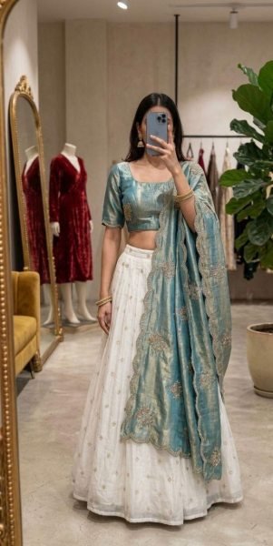 Refined Aqua Blue Designer Kohinoor Silk Lehenga Choli Set with Floral Embroidery Work Designer Lehenga Choli