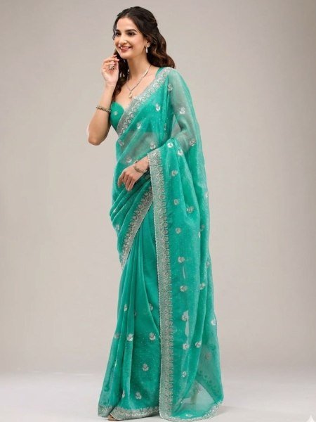 Refined Aqua Green Heavy Crunchy Chiffon Saree with Diamond Work and Cutwork Border 