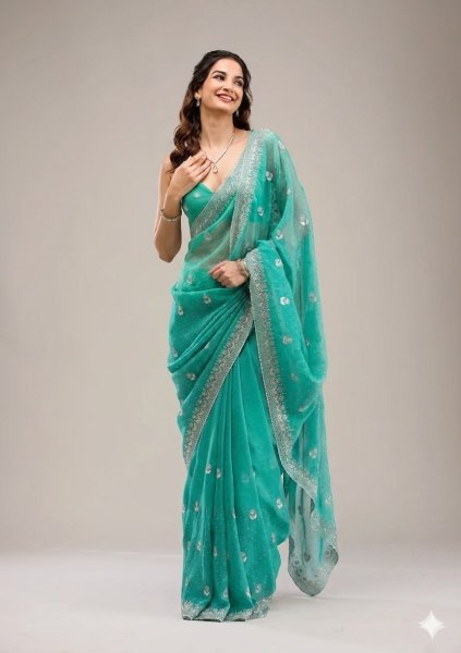 Refined Aqua Green Heavy Crunchy Chiffon Saree with Diamond Work and Cutwork Border Pure Chiffon Sarees Wholesale