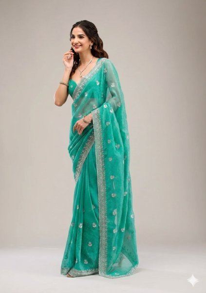 Refined Aqua Green Heavy Crunchy Chiffon Saree with Diamond Work and Cutwork Border Pure Chiffon Sarees Wholesale
