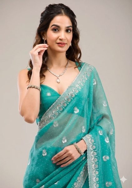 Refined Aqua Green Heavy Crunchy Chiffon Saree with Diamond Work and Cutwork Border Pure Chiffon Sarees Wholesale