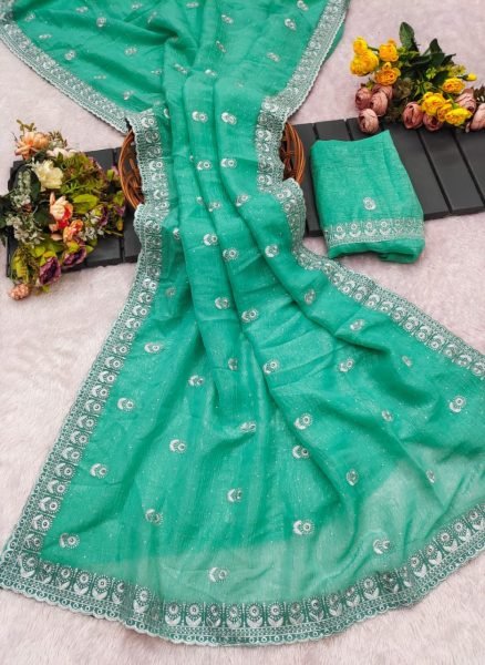 Refined Aqua Green Heavy Crunchy Chiffon Saree with Diamond Work and Cutwork Border Pure Chiffon Sarees Wholesale