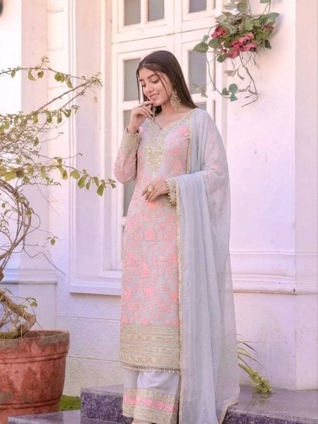Refined Baby Pink Faux Georgette Palazzo Suit Set with Dupatta Using  Rivet Moti Work For Function 