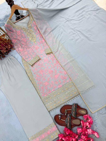 Refined Baby Pink Faux Georgette Palazzo Suit Set with Dupatta Using  Rivet Moti Work For Function Ready To Wear Collection