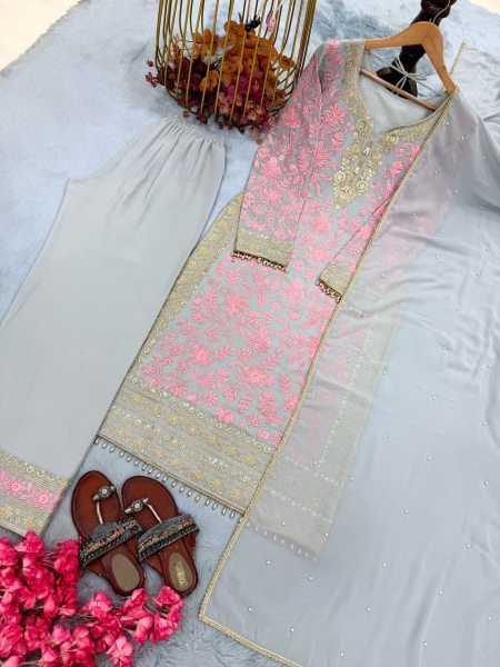 Refined Baby Pink Faux Georgette Palazzo Suit Set with Dupatta Using  Rivet Moti Work For Function Ready To Wear Collection