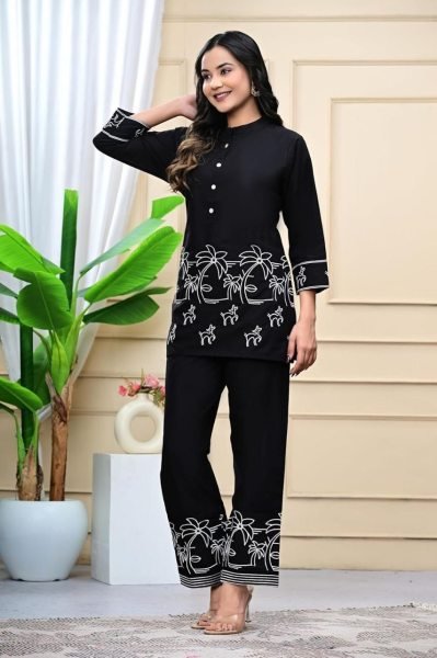 Refined Black Designer Rayon Silk Co-Ord Set at Wholesale Rate for Women CO ORD Sets