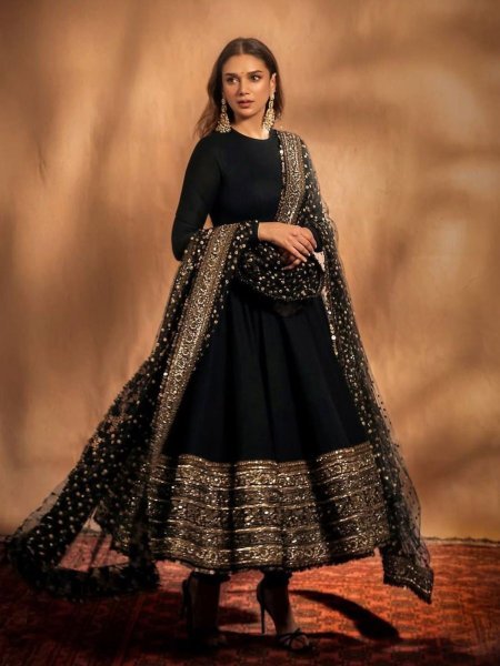 Refined Black Fox Georgette Party Wear Gown with Heavy Embroidery with Rich Sequence Work Ready To Wear Suit
