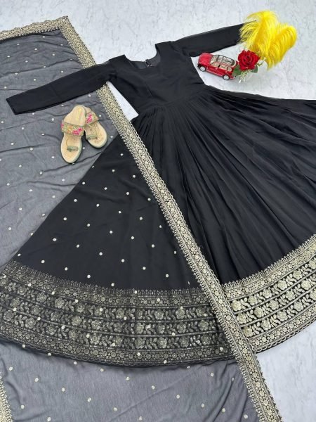 Refined Black Fox Georgette Party Wear Gown with Heavy Embroidery with Rich Sequence Work Ready To Wear Collection