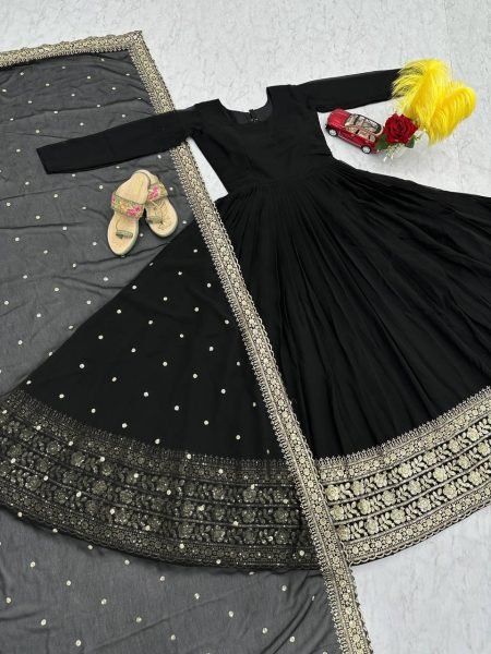 Refined Black Fox Georgette Party Wear Gown with Heavy Embroidery with Rich Sequence Work Ready To Wear Collection