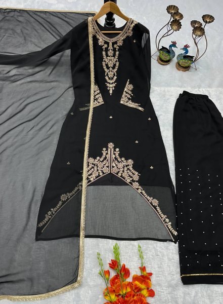Refined Black Fox Georgette Suit Collection with Moti Work Palazzo and Dupatta for Women Ready To Wear Collection