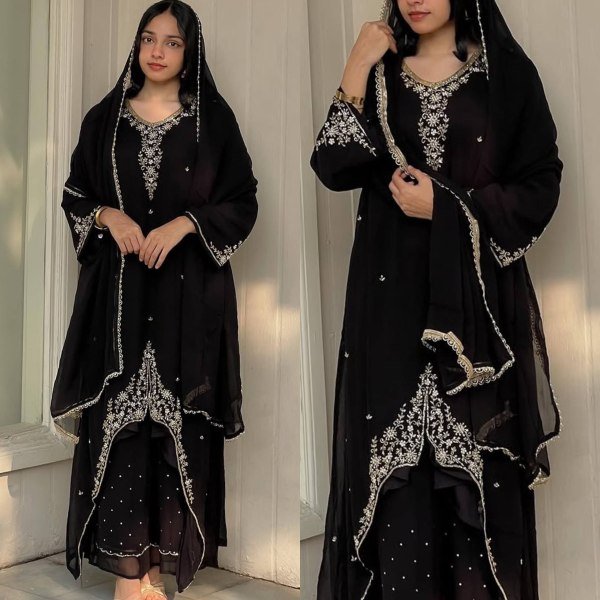 Refined Black Fox Georgette Suit Collection with Moti Work Palazzo and Dupatta for Women Ready To Wear Collection